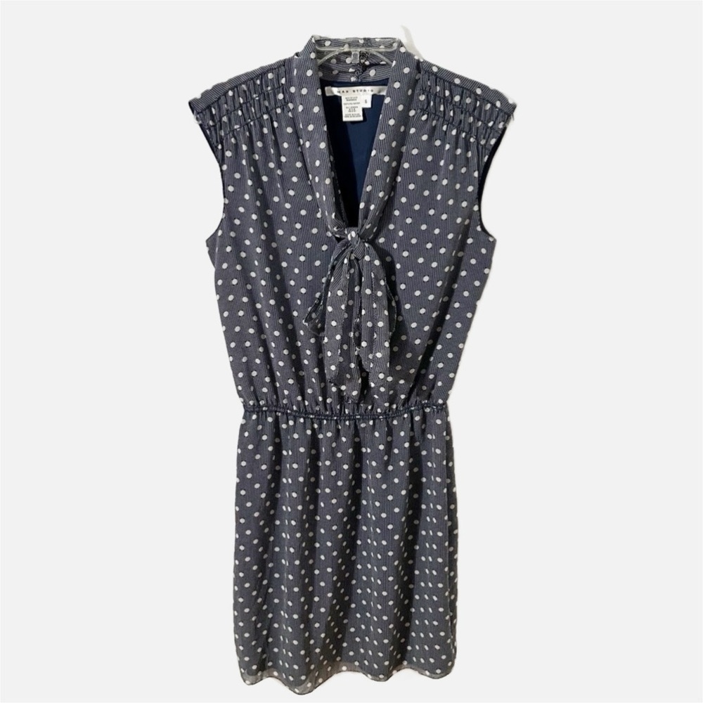 Max Studio Sleeveless Black and White Polka Dot Dress with Bow Front Fully Lined